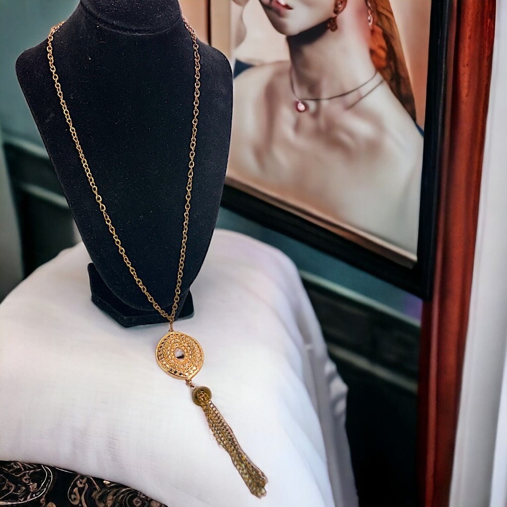 Gold-Tone Filigree Pendant and Chain Tassel 24 Inch Necklace!